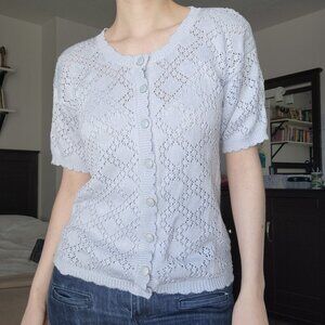 Vintage 70s pastel blue crochet short-sleeved button-up cardigan ✦ coastal grand